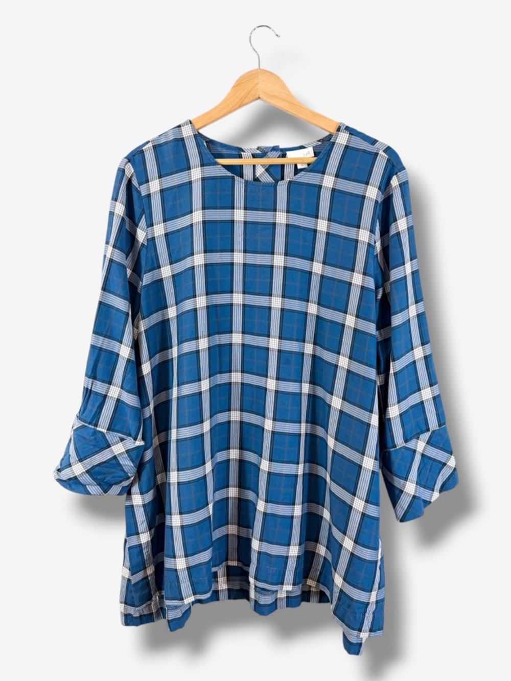 J. Jill Blue Plaid Tunic Blouse XL 3/4 Sleeve Side Slit Button Back Casual